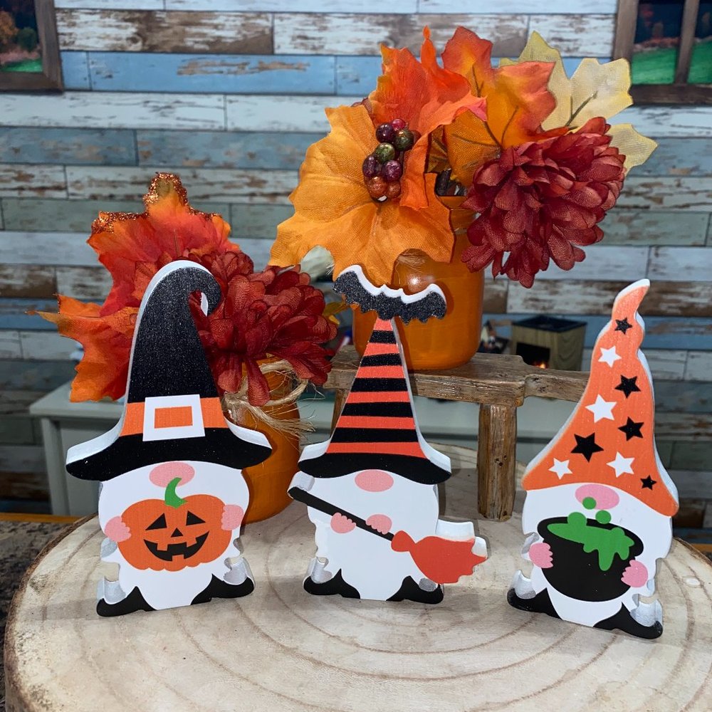 Halloween Gnome 3-pc Set Wood Shelf Sitters